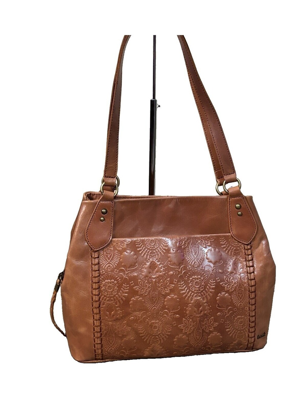 The Sak Melrose Leather Handbag Satchel Tobacco Floral Embossed 109082